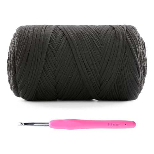 Image of Mooaske 1 Pack T-Shirt Crochet Yarn for DIY Knitting Crochet Cloth Blanket Bag Dolls - 400g Chunky Thick Yarn for Crocheting with Polyester-Spandex Blend Elastic Fabric (Black)