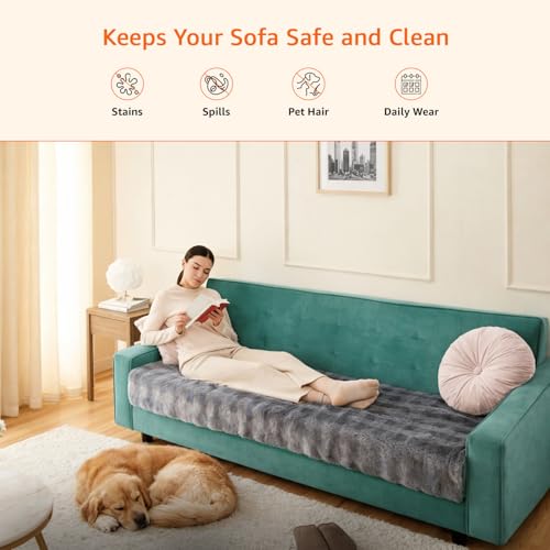 Image of Amazon Basics Plush Velvet Sofa Cover for 3 Seater, Bubble Surface, Non-Slip Sofa Pad, 70x180 cm, Soft Silicone Grip Dots, 100% Polyester, Machine Washable - Dark Grey