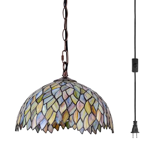 GILGGAK Tiffany Style Stained Glass Pendant Light Plug in, 12' Wide Wisteria Design Hanging...