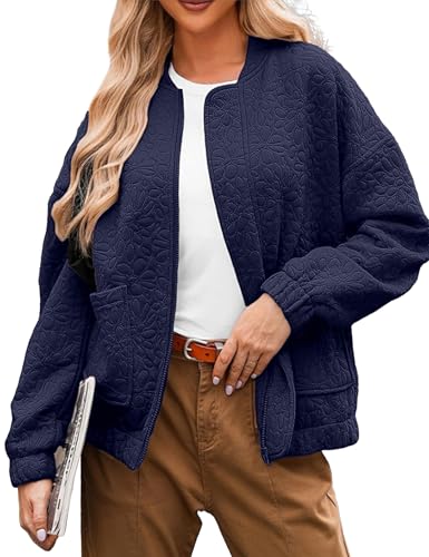 Women's Trendy Zip up Bomber Jackets Lightweight Cute Jacquard Coats Casual Long Sleeve Shacket Jacket with Pockets