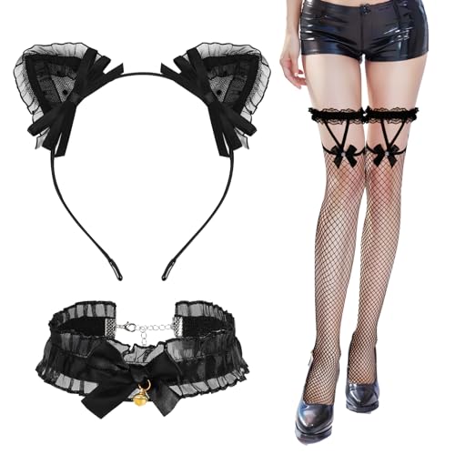 XEPST Catwoman Kostüm Damen, Katze Cosplay Set mit Glöckchen Halskette, Katzenohren Haarreif, Netzstrümpfe für Frauen Mädchen Cosplay Kostümfest...
