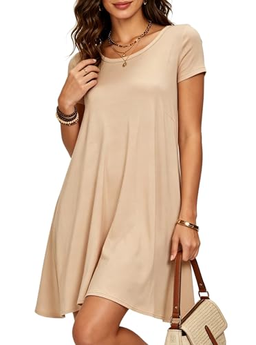 Image of Afibi Womens Short Sleeve Loose Pockets Dress Casual Swing T-Shirt Dresses
