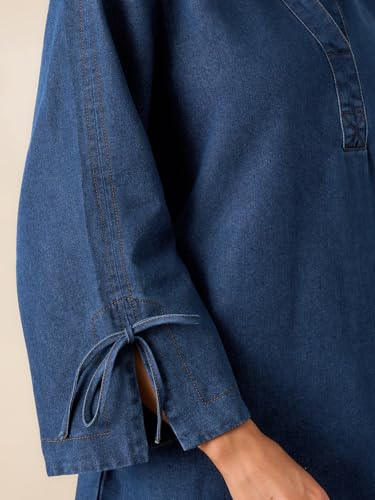Image of Womens Denim Shirt Dress Collared V Neck Bell Long Sleeve Mini Casual A-line Jean Dresses with Bow