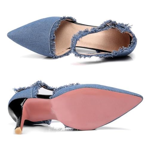 Women’s Denim Tassel Pointed Toe Stiletto Pumps with Ankle Strap Sexy Cutout High Heels Wedding Party Dress Pumps Prom Daily Classic Office Lady Work Shoes4