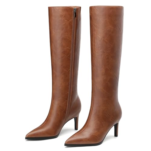 ROSERWISH Women’s Knee High Boots Pointed Toe Low Kitten Heel Tall Boots Comfortable Casual Leather Fall Long Boots With Side Zipper3