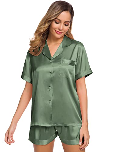 Image of SWOMOG Womens Silk Satin Pajamas Set Short Sleeve Sleepwear Button Down Top and Shorts Loungewear 2 Piece Pjs Set XS-3XL