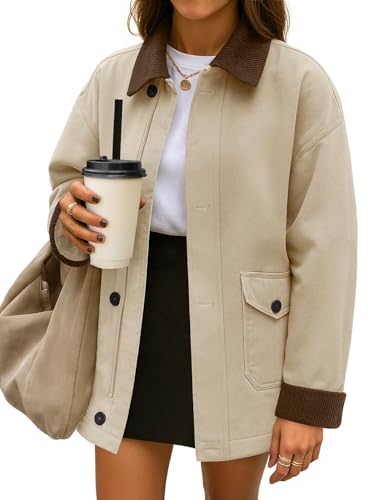 ZESICA Women's Lightweight Trendy Jackets 2025 fall Contrast Collar Button Down Cotton Oversized Casual Cargo Barn Jacket, Apricot, L