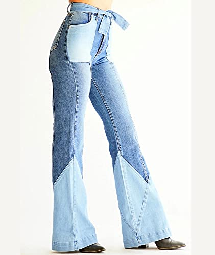 SOMTHRON Women's Patchwork High Waisted Belted Flare Jeans Bell Bottom Color Block Retro Vintage Long Denim Pants3