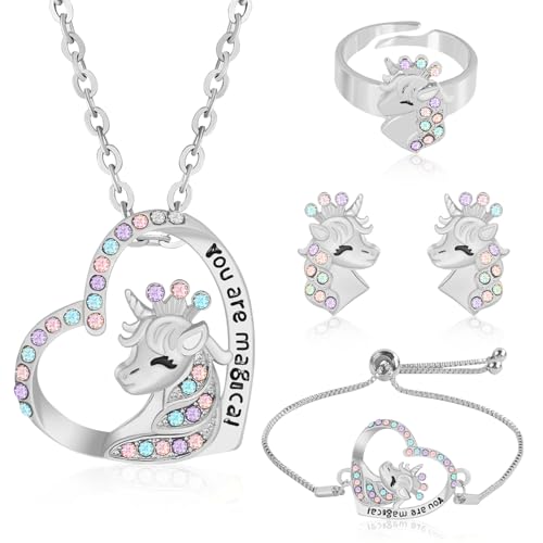 Unicornio Conjunto de Joyas para Niñas,4 Pcs Conjuntos de Joyas de Unicornio,Collares de Unicornio para Niña, Juego de Joyas de Unicornio Incluyen Collares, Anillos, Pulseras, Pendientes (Plata)