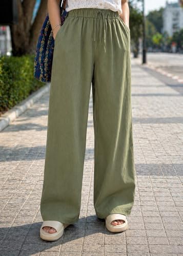 Image of CHICSTIT Women Cotton Wide Leg Trousers | Elastic Waist High Rise Palazzo Pants | Loose Fit /Straight Fit Casual Lounge Pants with Pockets