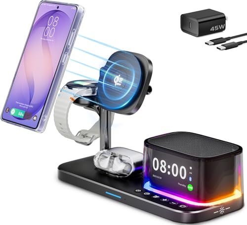 6-in-1 Magnetic Charging Station for Samsung Qi2.2 25W Fast Wireless Charger for S26 Ultra Alarm Clock/Night Light/Bluetooth Speaker Charger Stand for Magsafe for S26 Plus/S25/Z Fold7&Galaxy Watch 8/7