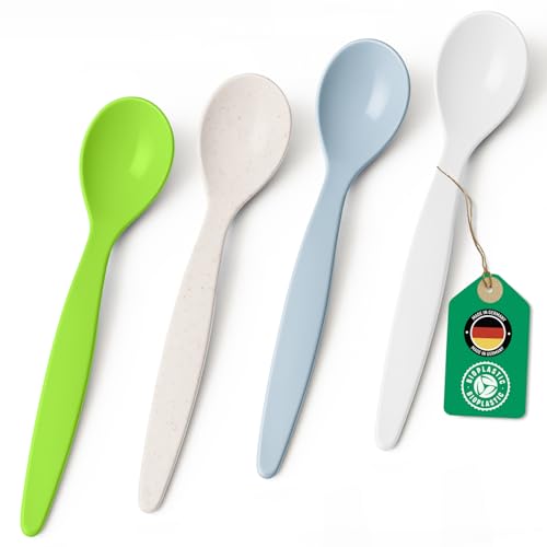 Bio Löffel 4er Set – 14 cm Mehrweglöffel BPA-frei, spülmaschinengeeignet & recycelbar – aus Zuckerrohr, leicht & schadstofffrei – ideal für Kinder, Picknick & Alltag – Made in DE - 4 Farben im Set