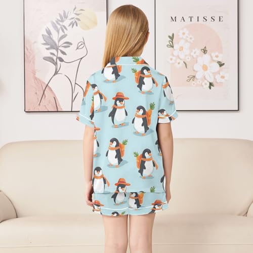 ALAZA Penguin Carrot Blue Satin Pajamas Set Short Sleeve Button Down Sleepwear Summer Pjs 2 Piece4