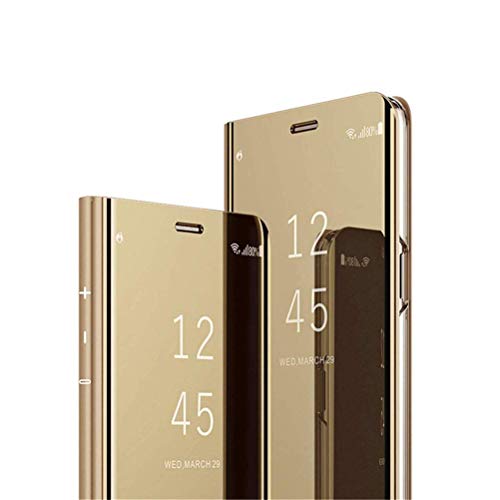 COTDINFOR Spiegel Hoes Voor iPhone 11 Pro Hoesje Flip Slim Clear View Bright Standing Case Folding Kickstand Beschermende Cover Voor iPhone 11 Pro Mirror PU Golden MX.