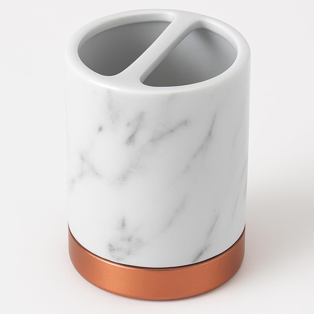 WPM Juego de Accesorios de baño 4 Piezas. Juego de baño de mármol con Borde de Oro Rosa con dispensador de jabón líquido, Soporte para Cepillo de Dientes, Vaso y jabonera.