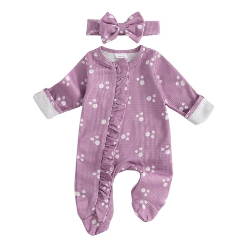 Ursobutegl Newborn Baby Girl Clothes Footie Ruffle Trim Zipper Romper Jumpsuit Bodysuit Headband Coming Home Hospital Outfits (Violet, Newborn)