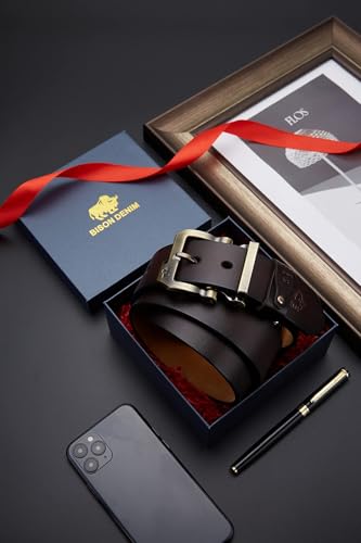 BISON DENIM Men's Belts Leather Dress Genuine Leather Classic Heavy Duty Buckle Belt Casual for Jeans