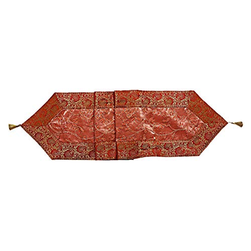 Image of Ari Zari Embroidery Table Runner for ining Table 6 Seater 72IN Indian Satin Traditional Long Runner Up with Tassels Tablecloth for Room & Runner (Peach)