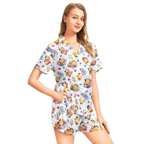 Image of Funny Pajamas for Women Set Print Satin Loungewear Pjs Short Sleeve Button Down Top and Shorts Sets Sleepwear XS-3XL