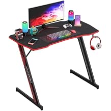 Large Gaming Desk Z Shaped 39 inch Home Office Gaming Table PC Computer Desk with Headphone Hook for Gamer Workstation, Red