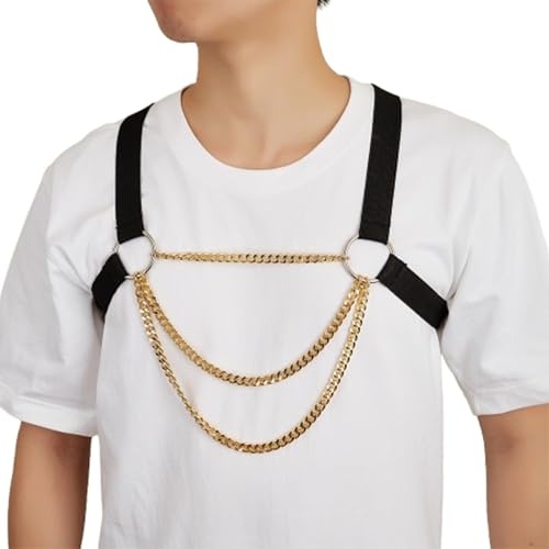 Tops Harness Nylon Chest Chain Shoulder Strap BodyHarness Men's Clothing Accessories Men’s Gold Chain Chest Harness – Body Jewelry for Rave, Festival, Clubwear, Cosplay