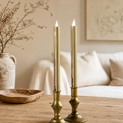 Image of Flameless Taper Candles Flickering with Remote and Timer, 3D Moving Flame Taper Candle Battery Operated to 400 Hours, 9 Inch Window Candles (High Shine Gold, Set of 2)
