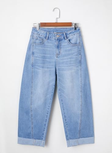 Image of Sidefeel Barrel Jeans for Women High Waisted Wide Leg Baggy Stretchy Trendy Raw Rolled Hem Capri Cropped Ankle Denim Pants