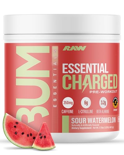 Image of RAW Pre-Workout Powder, Essential CHARGED (Sour Watermelon) - Preworkout Supplement for Men & Women - Supports Focus, Mood & Performance - Caffeine, Alpha-GPC, L-Citrulline, Beta Alanine (25 Servings)