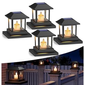 4 Pack Solar Post Lights Outdoor with 3D Flickering Candle Wick, Solar Post Cap Lights IP67 Waterproof, Warm LED Lighting Decor for Fence Deck Mailbox Yard Porch, Fit 4×4, 5×5 or 6×6 Vinyl/Wooden Post