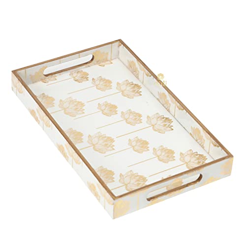 Image of DULI Rectangular Set of 3 MDF Wood Enamel Coated Multipurpose Trays| Serving Tray For Home & Dining Table (15x9,13x8 & 11x7 Inches) (Setof3- GoldLotus), Multipurpose Serving Tray