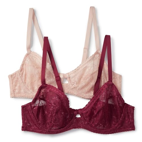 Amazon Essentials Body da Donna Elasticizzato in Pizzo Galloon con Ferretto, Petalo/Bordeaux, 32A