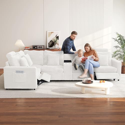 Image of RARZOE Oversized Modular Sectional Sofa with 2 Power Recliner, 5-Seater L-Shaped Corduroy Reclining Couch with Storage Console Charging Cup Holders, Fluffy Reclining Couches for Living Room,White
