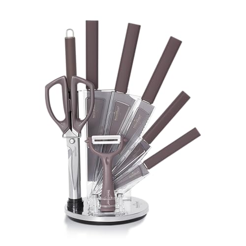 SWISS HAUS - Set 9 Pièces Couteaux Cuisine - Lake Geneva Collection Taupe Violet - Couteaux Boucher 16.5cm Chef 20cm Pain - Lames 1.5mm 1.2mm Bloc Support...