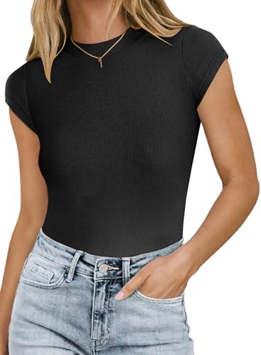 MISSJOY Black Body suit Crew Neck Ribbed Stretchy Basic Bodysuit T Shirts Tops Black M