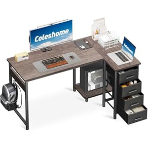 Coleshome Eckschreibtisch, 120x70cm Schreibtisch L Form mit 4 Schubladen, Umkehrbarer Computertisch for Büro Arbeitszimmer Schlafzimmer, Grey