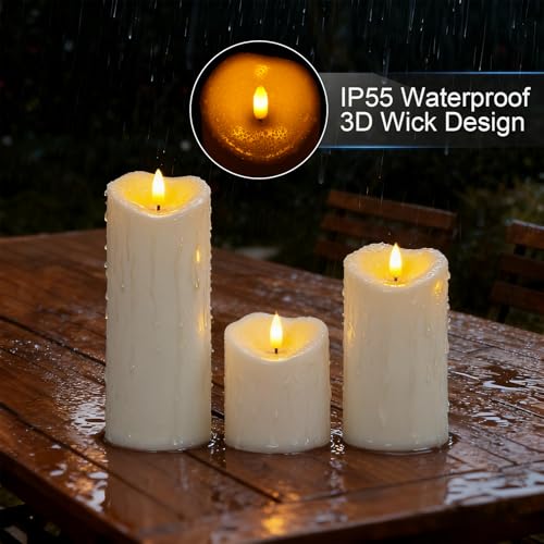 Image of Raycare 3 inchx4 inch6 inch 8 inch Outdoor Waterproof Flameless Candles, Battery Operated LED Candles with Remote Control and Timer, Electric Fake Plastic Pillar Candles, Ivory White, Set of 3