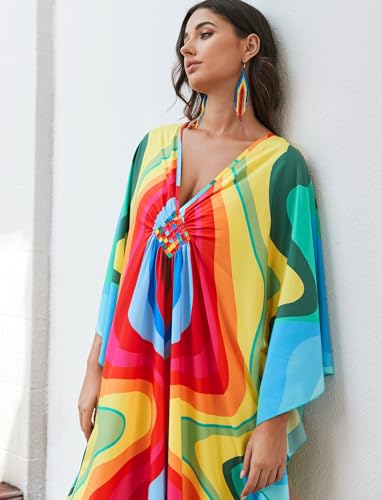Image of KECVOT Kaftan Dresses for Women Plus Size Batwing Sleeve Caftans Long Bathing Suit Cover Up Maxi Beach Dress Loungewear