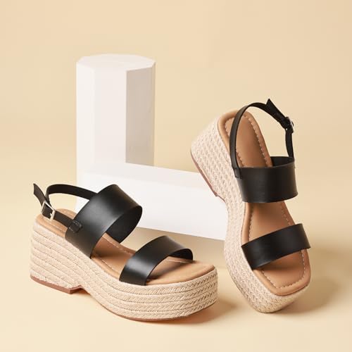 Image of EQAUDES Platform Sandals Women Open Toe Ankle Strap Summer Wedge Espadrille Sandals Cute Beach Straw Raffia Woven Sandals Comfortable Vacation Dress Shoes