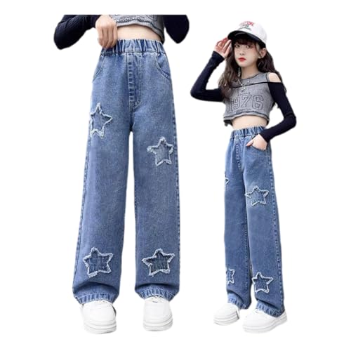 Straight Leg Pants Spring and Autumn Style Western Girls Casual Loose Wide Leg Jeans (US, Numeric Height, Applique Wide-Leg Pants 160CM)3