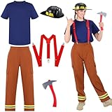 Hicarer 5 Pcs Firefighter Costume for Women Fireman Helmet Axe T Shirt Pants Attached Suspenders Halloween Cosplay Outfit