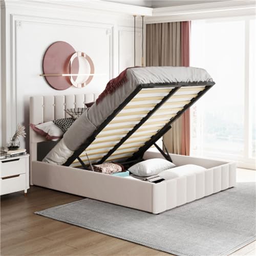 Cama Canapé Doble Tapizada con Elevación Hidráulica, Cabecero Regulable Y Somier De Láminas Metálicas, 140×200 Cm, para Adultos, Dormitorio Juvenil O Habitación De Invitados(Color:Blanco)
