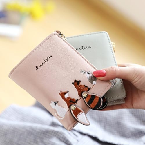 Embroidery Purse Women's Wallet with Animal Pattern Zippered Coin Pocket and Clear Window Card Holder for Daily Use3