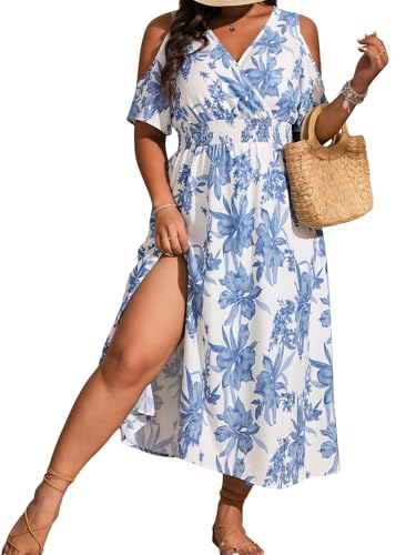 Image of Floerns Women's Plus Size Cold Shoulder Tropical Print V Neck Flared A Line Long Dress