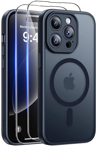 FLLAO Coque pour iPhone 14 Pro (6,1 Pouces) avec 2 Verres Trempés, Compatible avec Mag Safe, Coque Mat Translucide Fine Antichoc, PC Dur Housse Arrière Anti-Rayures + TPU Bumper Antichoc, Noir