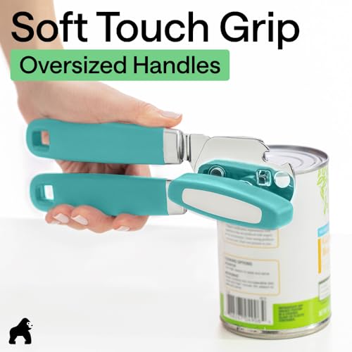 Image of GORILLA GRIP Upgraded Model Stainless Steel Manual Can Opener, Turquoise | US Designed, Oversized Handheld Turn Knob, Comfortable Handle for Easy Turning, Multifunctional Kitchen Tool, Open Bottles
