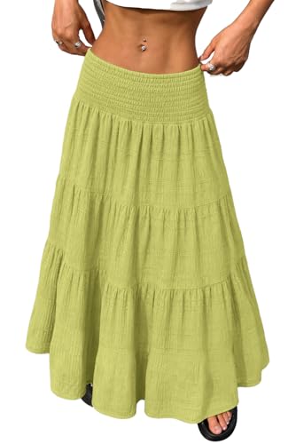 ELLEVEN Womens Boho Maxi Skirts High Waisted Trendy Flowy Midi Long Ruffle Pleated Summer Beach Casual Cotton Tulle Dress Vacation Cute Elegant Outfits Green Medium