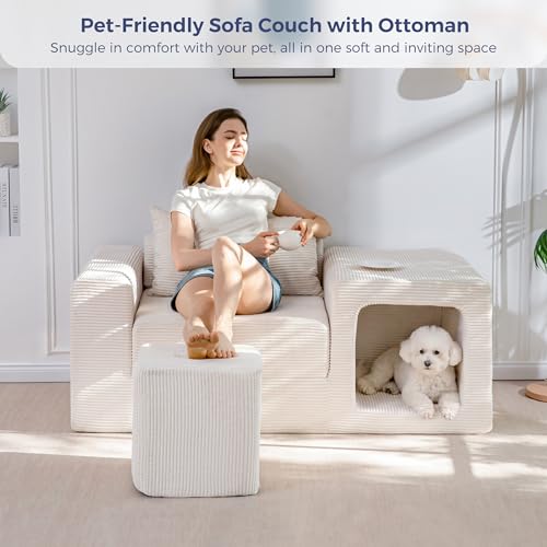 Image of MAXYOYO Folding Sofa Couch, Convertible Floor Sofa with Armrest, Multifunctional Sofa with Pillow and Pockets, Boneless Couch for Living Room, Beige