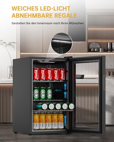 WIE Mini Kühlschrank Getränkekühlschrank 70 Liter mit Doppelte Glastür mit Verstellbaren Ablagen Indoor Outdoor Klein Bierkühlschrank Leise 105 Dosen für Soda/Bier/Wine für Zuhause/Küche/Bar/Büro