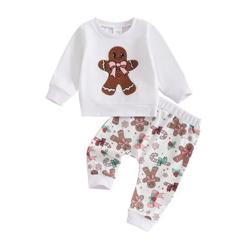 Image of Ayalinggo My First Christmas Baby Girl Outfit Gingerbread Man Pant Set Long Sleeve Sweatshirt Bows Sweat Pants Fall Clothes