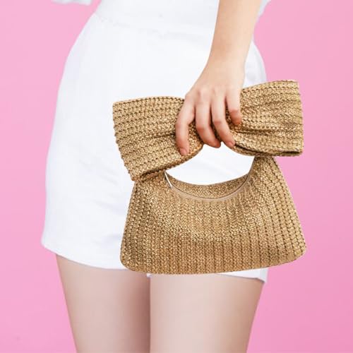 Image of Straw Clutch Purses for Women, Straw Handbag Lady with Bow Woven Clutch Bag for Beach Vacation